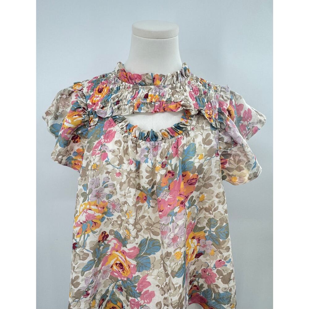 Sea New York Ines Linen Ramie Floral Top Beige Ruffle Blouse Cottagecore 4 S